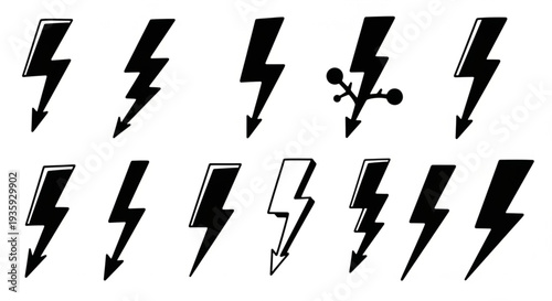 Set of Black Lightning Bolt Icons and Symbols.
