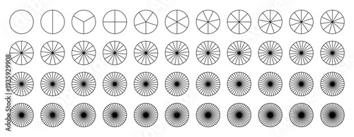 Sectors divide the circle on equal parts. Parts of diagram wheel from 1 to 44. Pie chart template. Coaching blank. Segmented charts. Outline black graphics. Pie charts, pizza charts set.