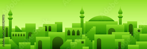 Arabic city panorama in pistachio green color with mosque silhouettes