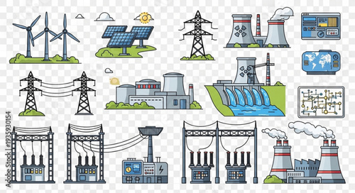 Collection of various energy production and distribution illustrations.