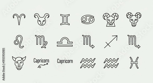 Collection of Zodiac Astrology Symbols and Icons.