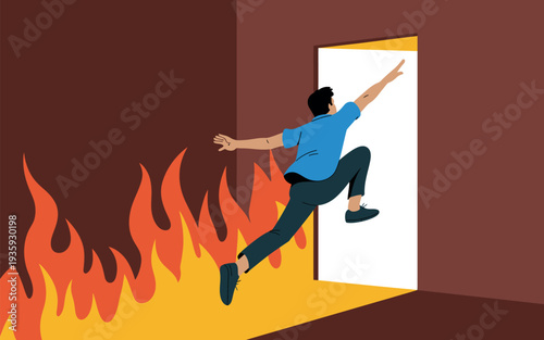 A man jumping through a door to escape a burning room with flames rising from the floor.