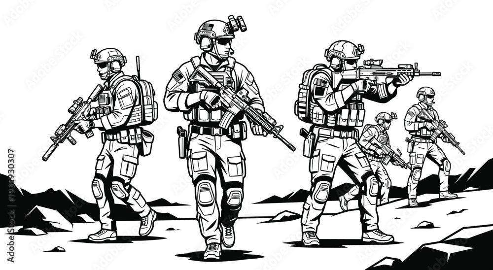 Fototapeta premium Elite Team on Duty: An illustration captures an elite squad of soldiers, clad in tactical gear and armed with weapons, demonstrating readiness and precision in a high-stakes environment.