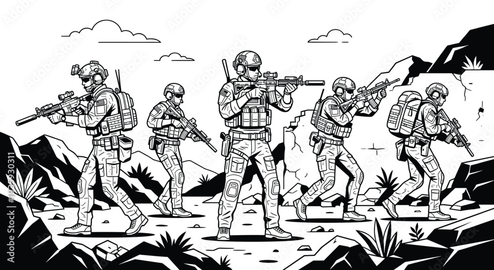 Obraz premium Military Formation in Combat: A group of armed soldiers advance cautiously through a rugged terrain, their focused expressions conveying determination and their readiness for battle.