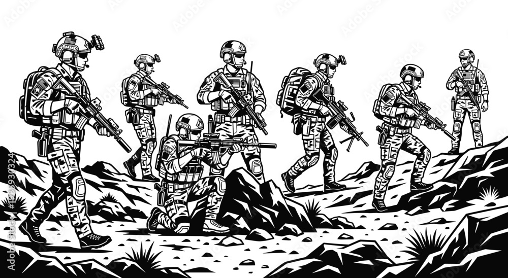 Fototapeta premium Soldiers on Patrol: A group of resolute soldiers in tactical gear navigates a rugged terrain, embodying strength and readiness. capturing the essence of military prowess and strategic maneuvers.