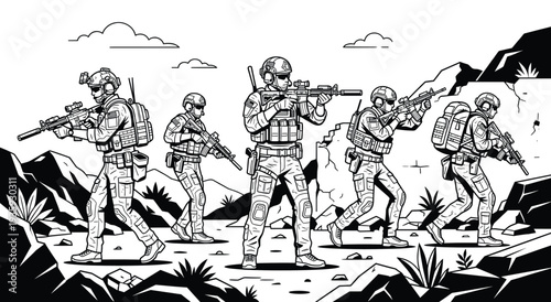 Military Formation in Combat: A group of armed soldiers advance cautiously through a rugged terrain, their focused expressions conveying determination and their readiness for battle.