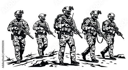 Soldier's March: A squad of determined soldiers, armed and ready, strides forward, embodying strength and resolve. They advance across rugged terrain, their posture exuding confidence and teamwork.