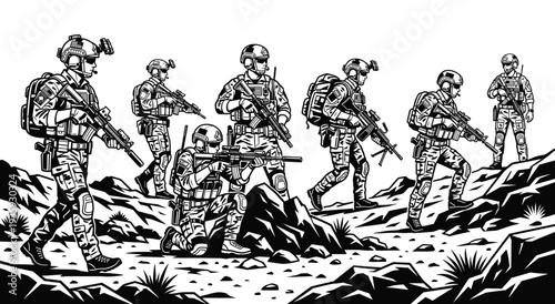 Soldiers on Patrol: A group of resolute soldiers in tactical gear navigates a rugged terrain, embodying strength and readiness. capturing the essence of military prowess and strategic maneuvers.