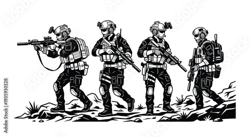 Elite Force: A stylized, monochrome illustration showcases an elite military squad on patrol, ready for any challenge, emphasizing the strength and preparedness of the individuals.
