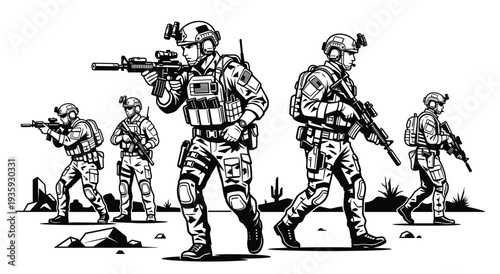 Elite Soldiers in Combat: A squad of battle-ready soldiers, armed with advanced weaponry, navigates a rugged terrain with unwavering determination.