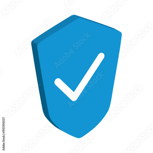 3D Blue Shield Icon with White Checkmark Isolated on White, Modern Security and Protection Symbol for Cyber Safety, Data Privacy Branding, Professional Verified Quality Assurance Digital Element