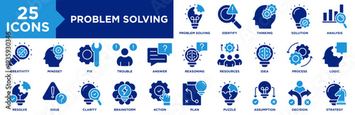 problem solving icon set collection. icon pack contain solution, logic, strategy, thinking, decision, process, analysis, creativity, mindset, reasoning, idea, trouble, fix, issue