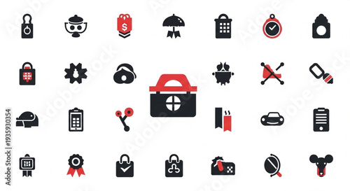 Collection of various icons representing different concepts and objects.