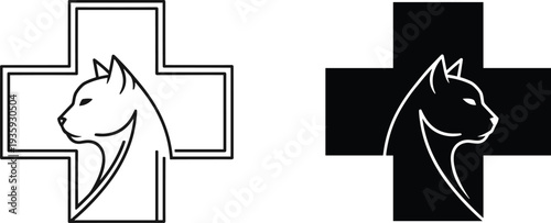 Veterinary clinic symbol dog head inside medical cross pet healthcare logo veterinary medicine vector illustration design