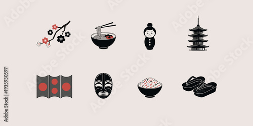 Set of traditional Japanese culture icons. Flat vector minimal illustrations of sakura cherry blossom, ramen, kokeshi doll, pagoda, folding screen, Noh mask, rice bowl, and geta sandals.