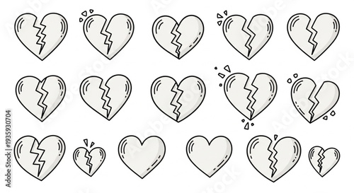 Broken Heart Illustrations in Black White.