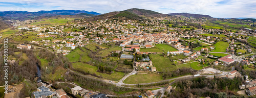  Aerial panorama view beside the old town around the city Boulieu-lès-Annonay in France on a sunny spring day. 