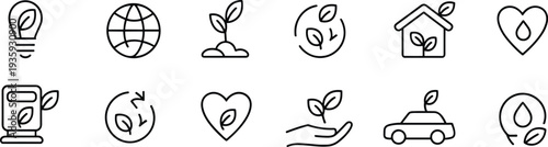 Eco friendly line icons set, sustainable energy recycling environmental protection symbols, outline green business vector illustration isolated background