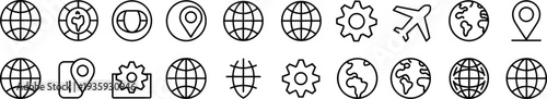 Global web and travel line icons set, world globe navigation airplane location symbols, outline vector collection isolated background