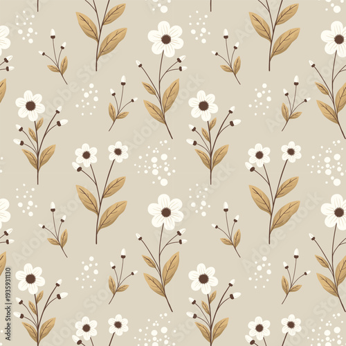 Seamless pattern with boho-style flowers and botanical elements.