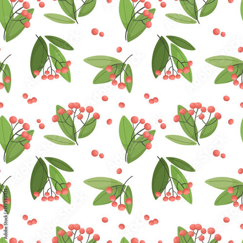 Seamless pattern with botanical elements, branches and berries
