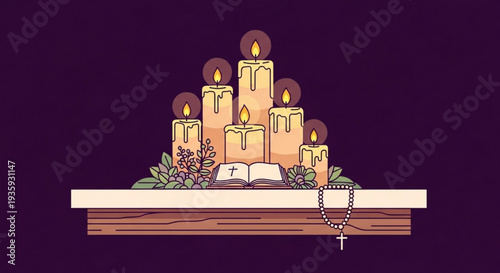 Serene prayer setup with lit candles holy book and rosary on transparent background