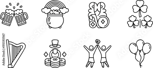 Saint Patricks day collection icons harp beer mugs pot rainbow people balloons