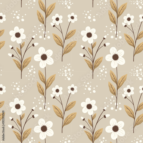 Seamless pattern with boho-style flowers and botanical elements.