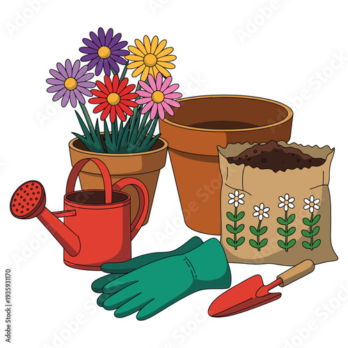 Gardening tools and potted flowers potted plants watering can