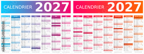 Calendrier 2027 14 mois au format 320 x 420 mm recto verso entièrement modifiable via calques et texte sans serif
