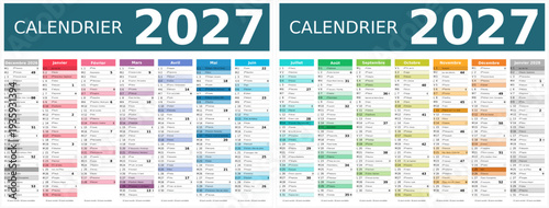Calendrier 2027 14 mois au format 320 x 420 mm recto verso entièrement modifiable via calques et texte sans serif