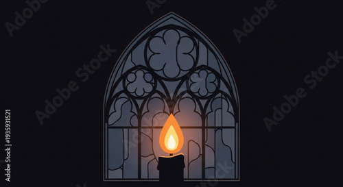 Candle flame burns brightly in stained glass gothic window at night on transparent background