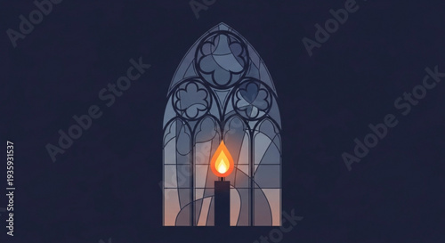 Candle burns brightly in stained glass window on transparent background