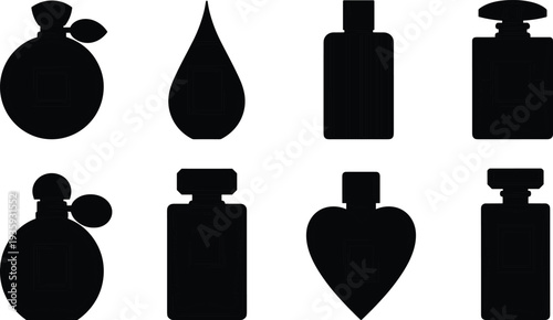 Black silhouette collection of various perfume and fragrance glass bottles featuring different elegant shapes and spray nozzles isolated on white background for design