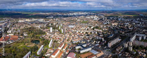  Aerial panorama view beside the old town around the city Chalon-sur-Saône in France on a sunny spring day. 