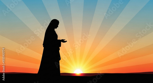 Silhouette of a woman in prayer at sunset with vibrant rays on transparent background