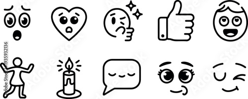 Set of cute emoji icons featuring expressive faces hearts hand gestures and symbols in linear style for web