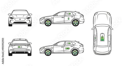 Car Technical Drawing Multiple Views.