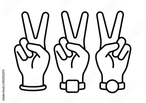 Vector of three hands making the peace sign gesture