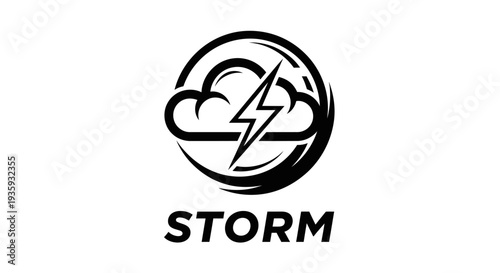 Minimalist Black and White Storm Cloud with Lightning Bolt Logo Design on Isolated White Background