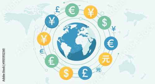 Global Currency Exchange and International Finance with World Map Background