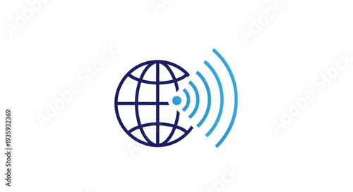 Global Communication and Wireless Technology Icon with Globe Emitting Wi-Fi Signals, Blue Tones, Isolated White Background