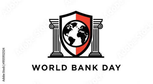 World Bank Day Logo with Globe and Classical Columns on Shield, Isolated White Background
