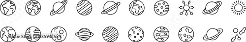 Solar system planet line icons set, earth moon saturn space astronomy symbols, outline vector illustration isolated on white background