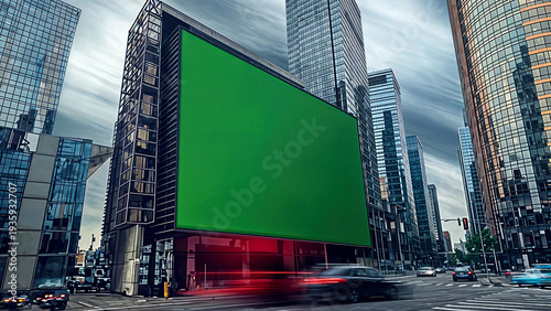 Digital Billboard with Green Screen in Busy Cityscape Surrounded by Modern Glass Skyscrapers
