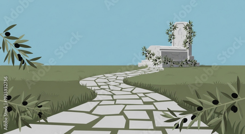 Serene stone pathway leading to a white monument on transparent background