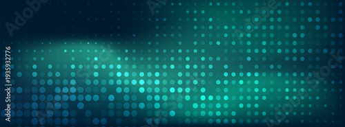 Abstract green vector background with halftone dot patterns. Gradient from light blue-green to teal, features dark blue and bright teal dots