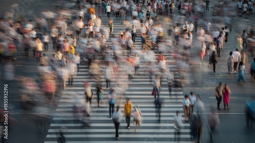 Crowd moving across a busy intersection in a city during evening hours