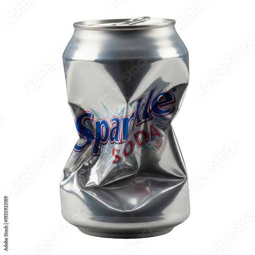 Crushed silver soda can with blue and red logo isolated on transparent background