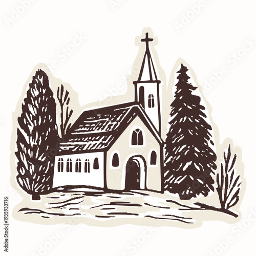 Hand drawn village church landscape scene with christian cross on bell tower. Black and white isolated vector motif for chapel, shrine Christian pilgrimage sanctuary symbol. European camino travel